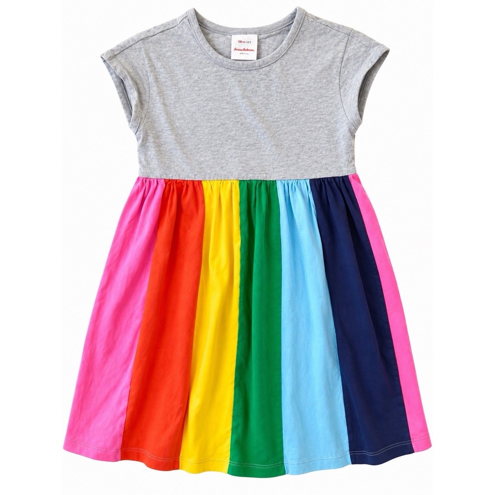 Hanna Andersson Girls Rainbow Dress Size 130 US 8 Colorblock Short Sleeve